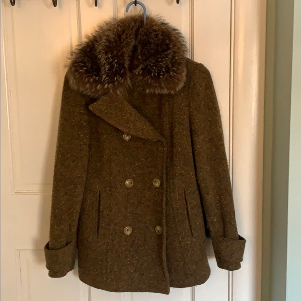 Cole Haan genuine raccoon collar tweed jacket